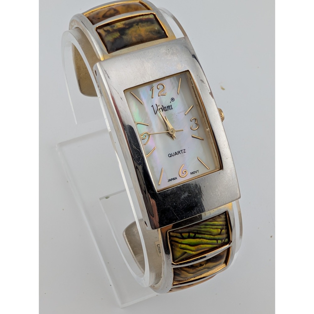 Vivani Abalone Watch Women 22mm Silver Tone MOP Dial Cuff Tank- New Battery